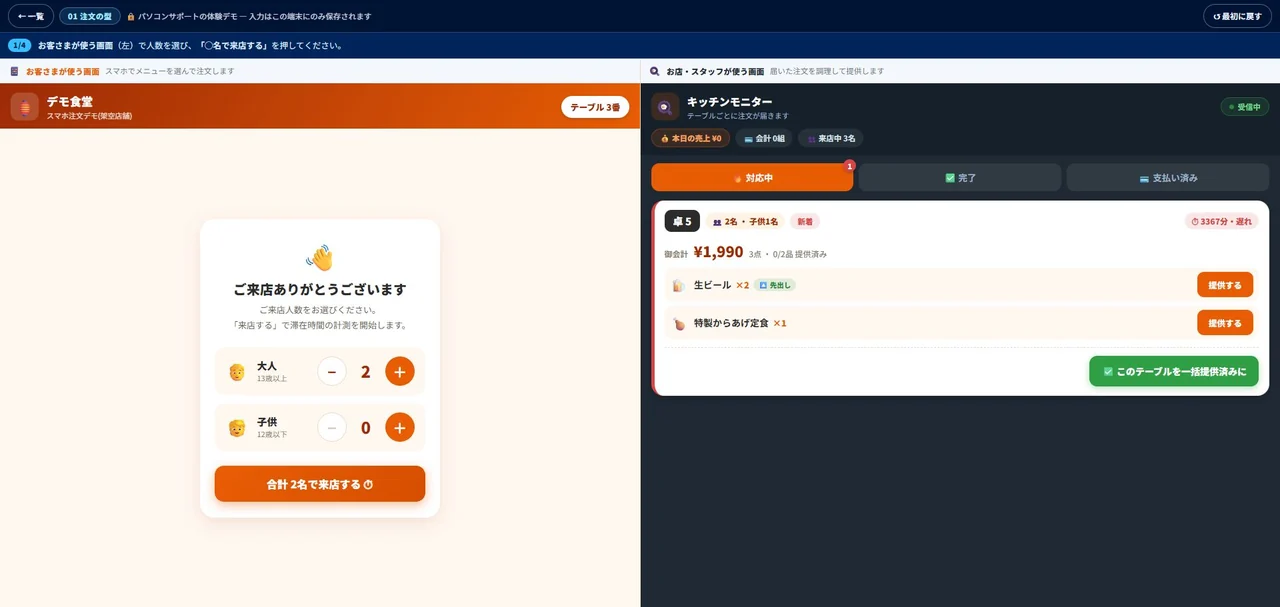 お客様のスマホ注文画面と店舗の注文管理画面