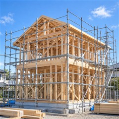 足場のある木造住宅の建築現場のイメージ